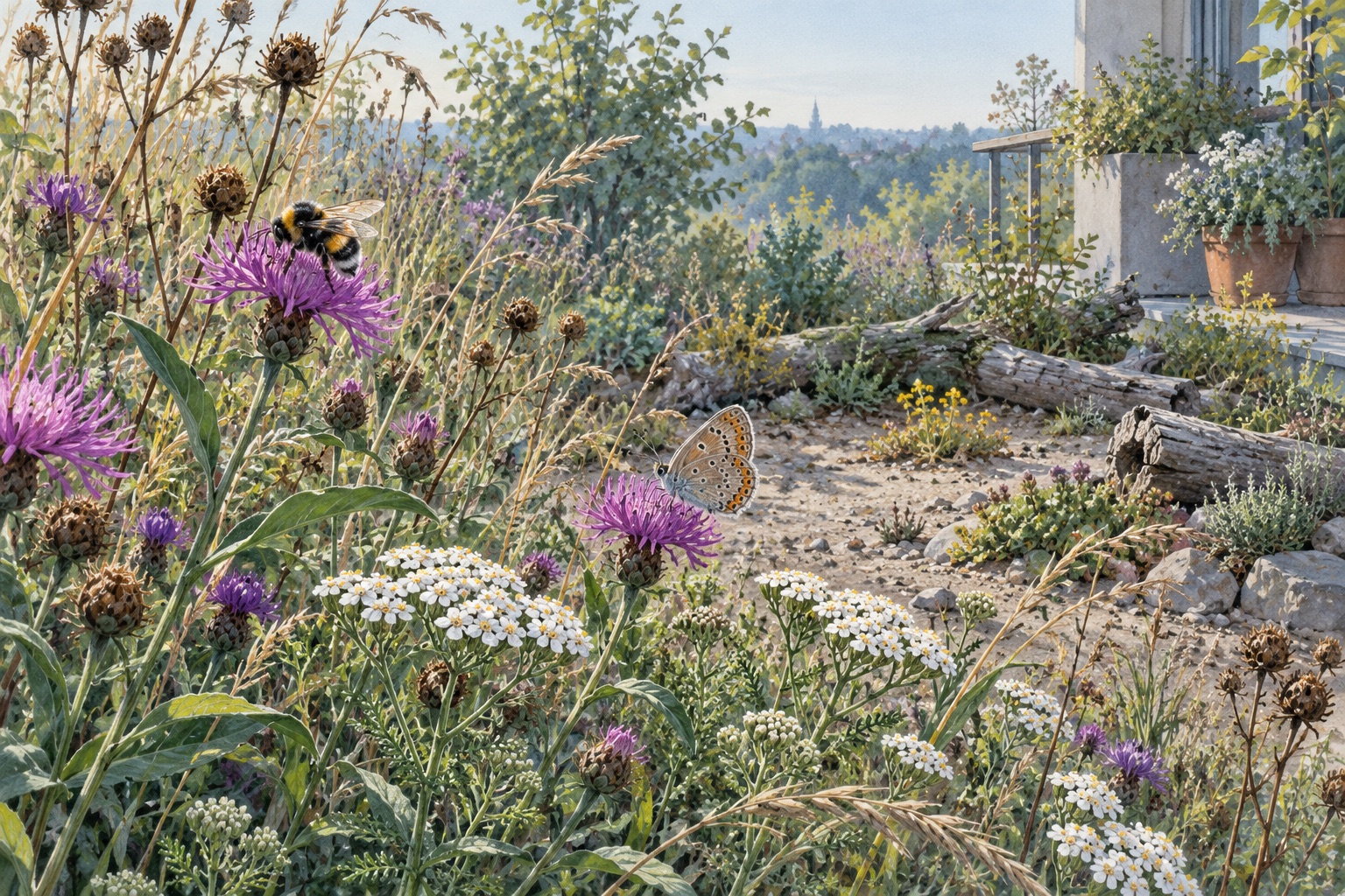 Künstlerischer Gartenrand mit Blüten, trockenen Stängeln, offenem Boden und bepflanzten Töpfen