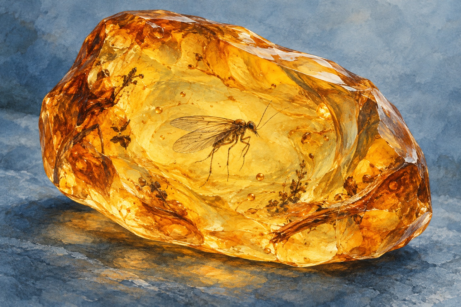 Künstlerische Nahansicht eines goldenen Bernsteinstücks mit einem kleinen Insekteneinschluss vor blaugrauem Grund
