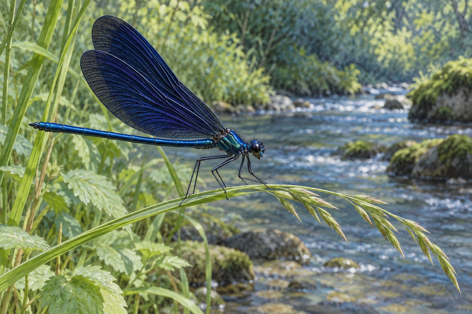 Künstlerische Seitenansicht eines männlichen Prachtlibellen-Tieres mit metallisch blauem Körper und weitgehend dunkelblauen, über dem Körper zusammengelegten Flügeln auf einem Grashalm an einem Bach