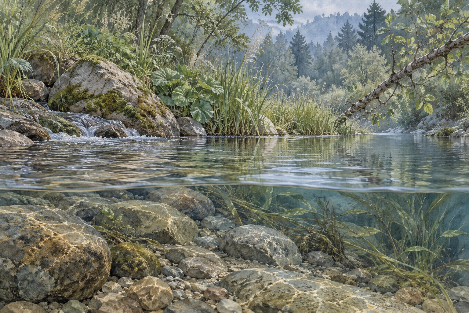 Künstlerische Darstellung eines naturnahen Gewässerufers