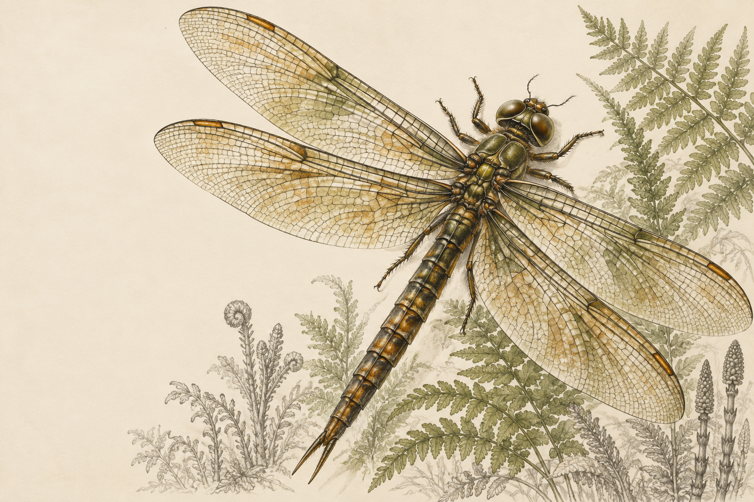 Künstlerische Naturillustration eines libellenähnlichen Insekts mit fein geäderten Flügeln und Farnen