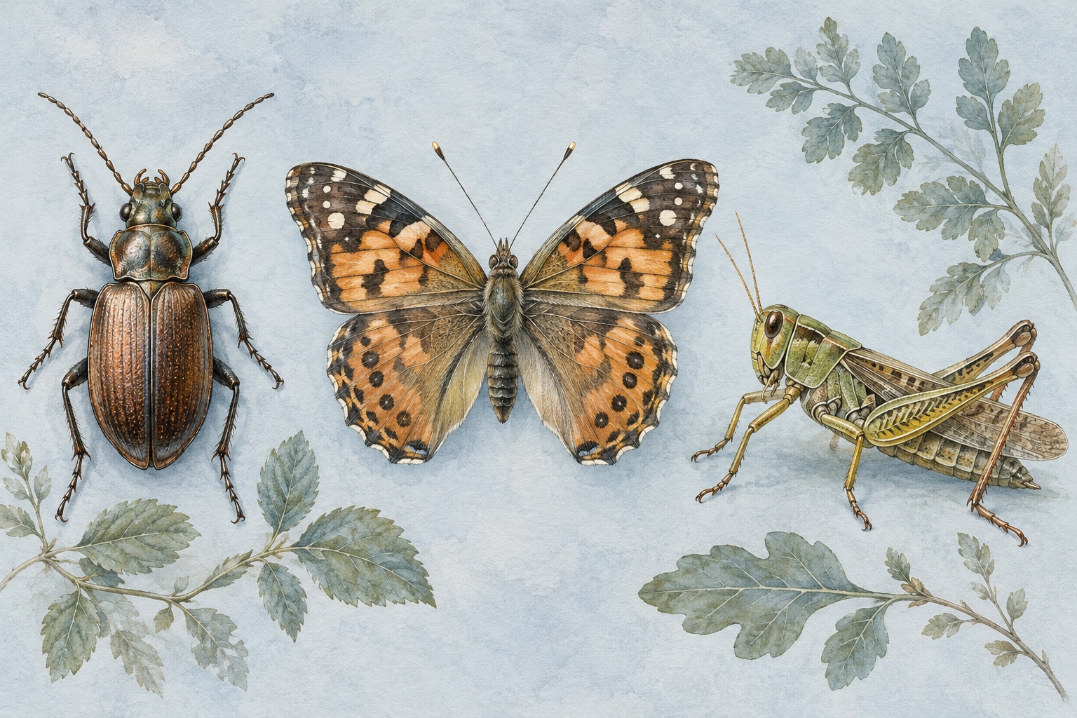 Künstlerische Naturstudie mit Käfer, Schmetterling und Heuschrecke auf hellem blauem Grund