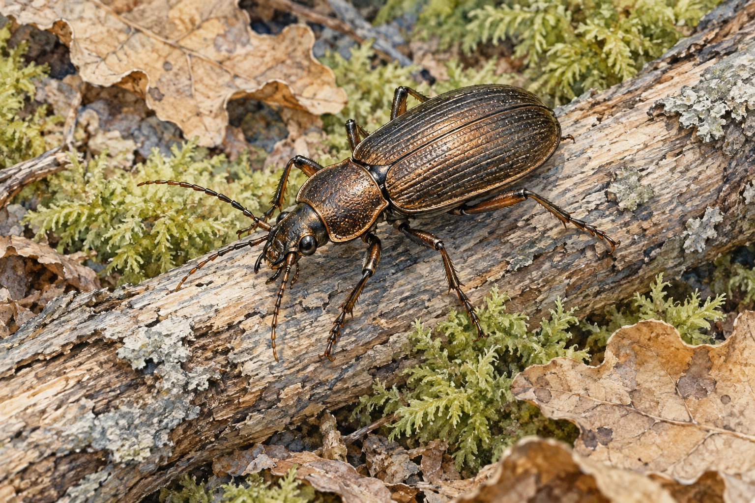 Künstlerische Darstellung eines bronzefarbenen laufkäferähnlichen Insekts auf einem Ast zwischen Moos und Laub