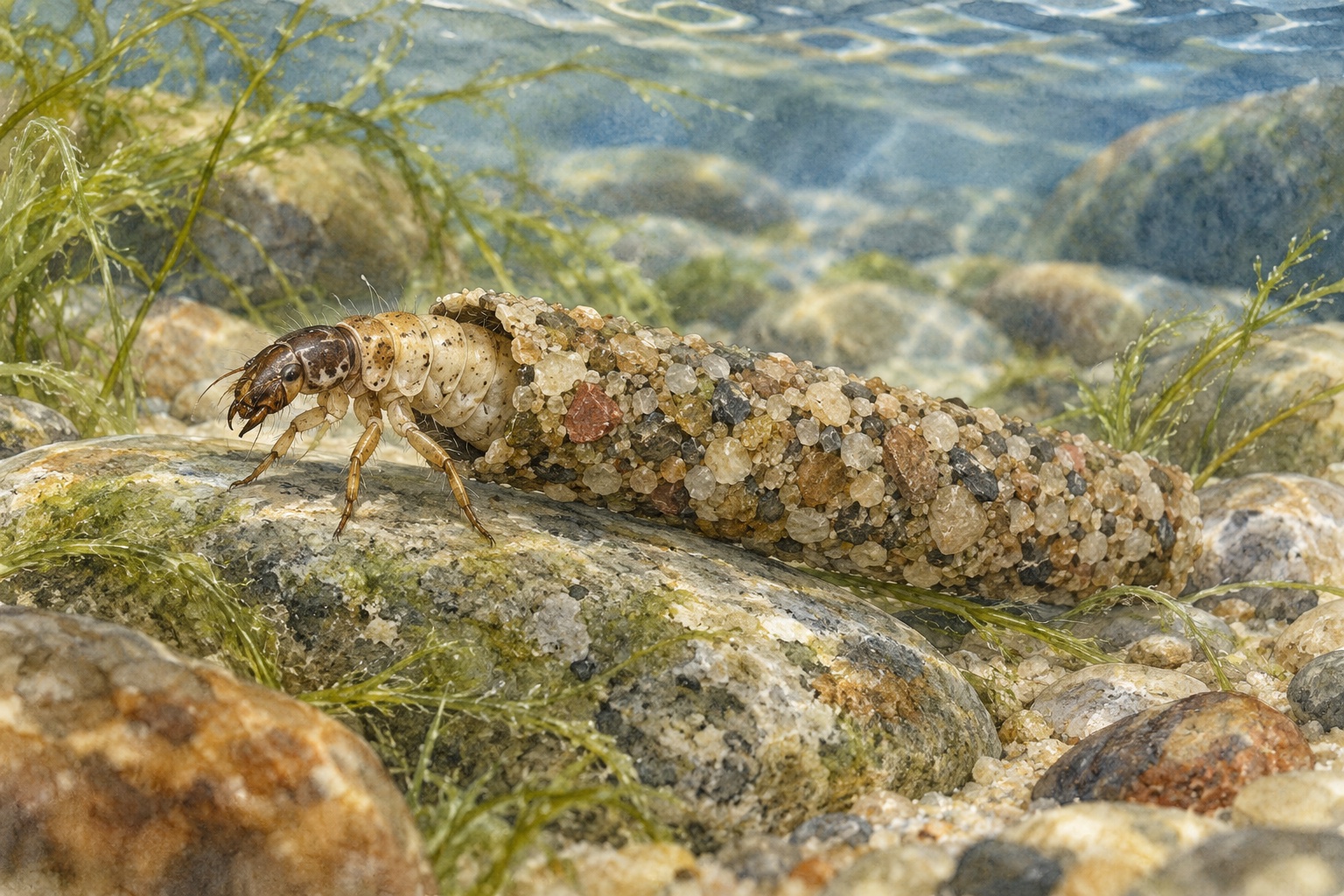 Künstlerische Unterwasseransicht einer Köcherfliegenlarve mit einem Köcher aus Sandkörnern auf einem Bachkiesel