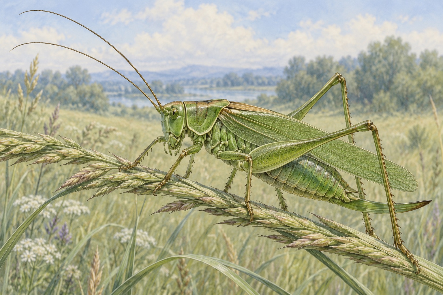 Künstlerische Naturstudie einer grünen Langfühlerschrecke auf einem Halm