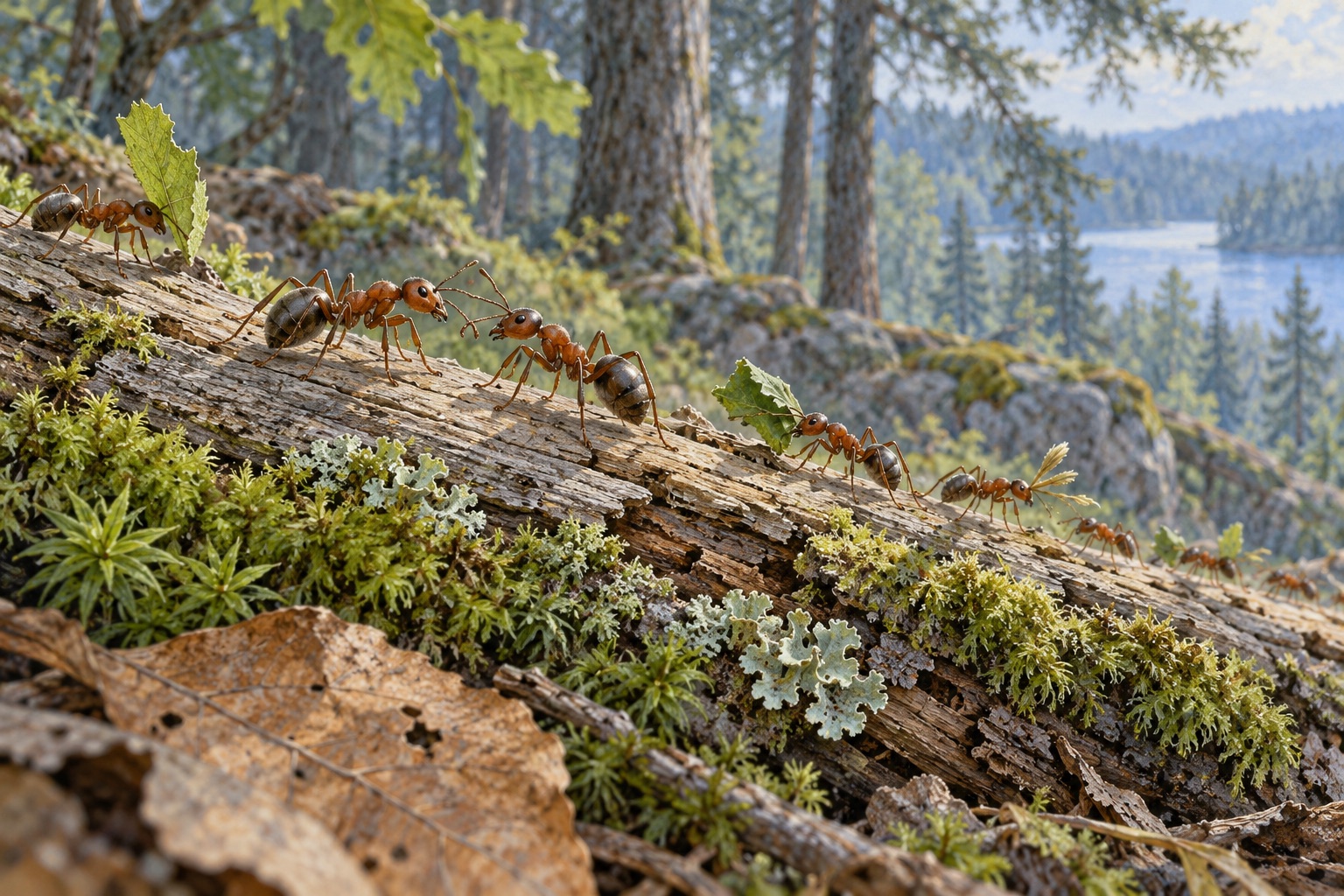 Künstlerische Darstellung mehrerer Ameisen auf einem liegenden Stamm, zwei Tiere begegnen sich mit den Fühlern