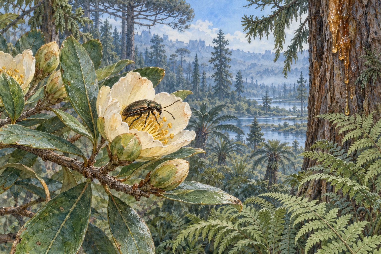 Künstlerische Darstellung eines kleinen Käfers auf einer hellen Blüte vor Farnen und Nadelbäumen, daneben ein harzender Stamm