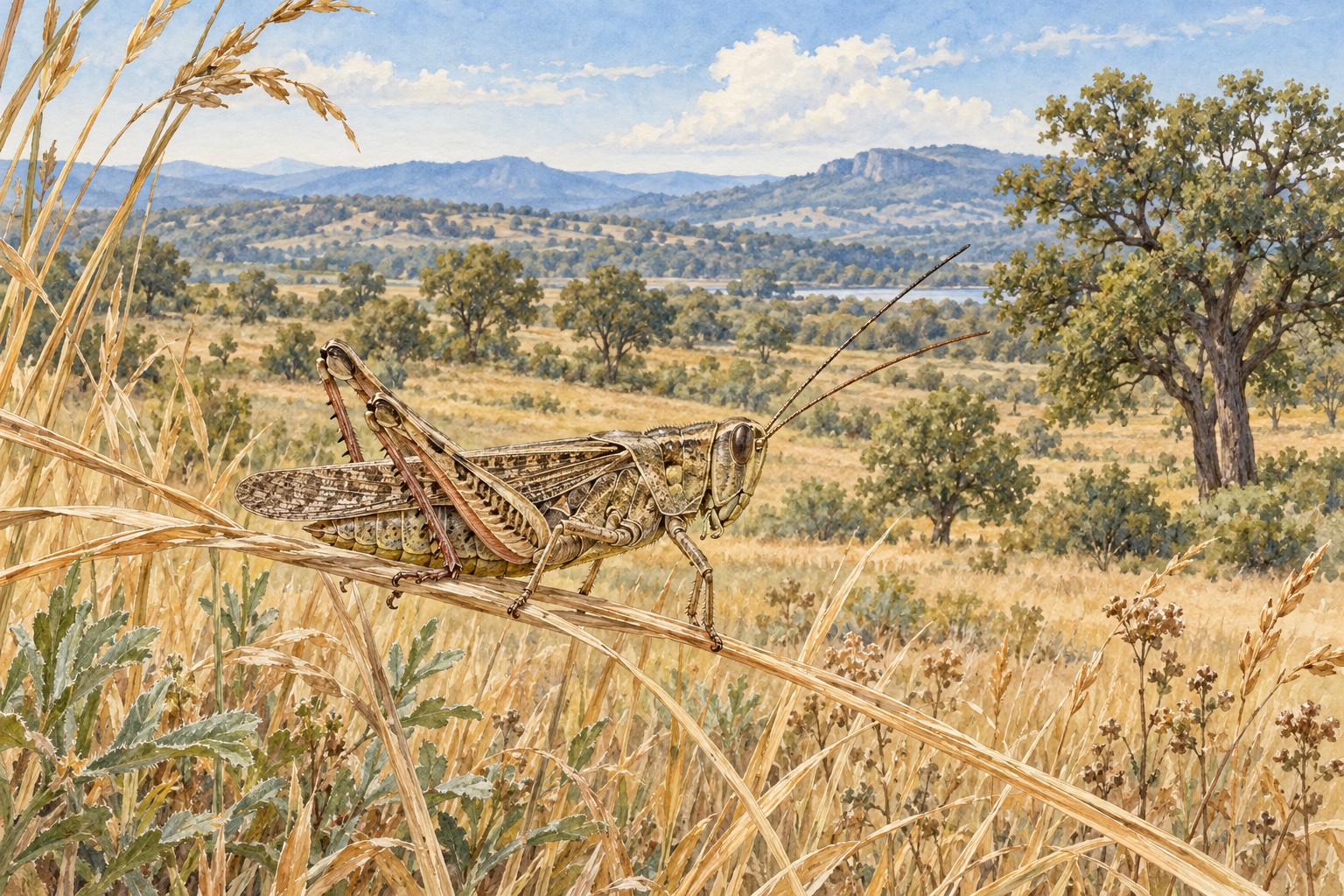 Künstlerische Darstellung einer Heuschrecke an einem Grashalm vor offener Landschaft mit Baumgruppen