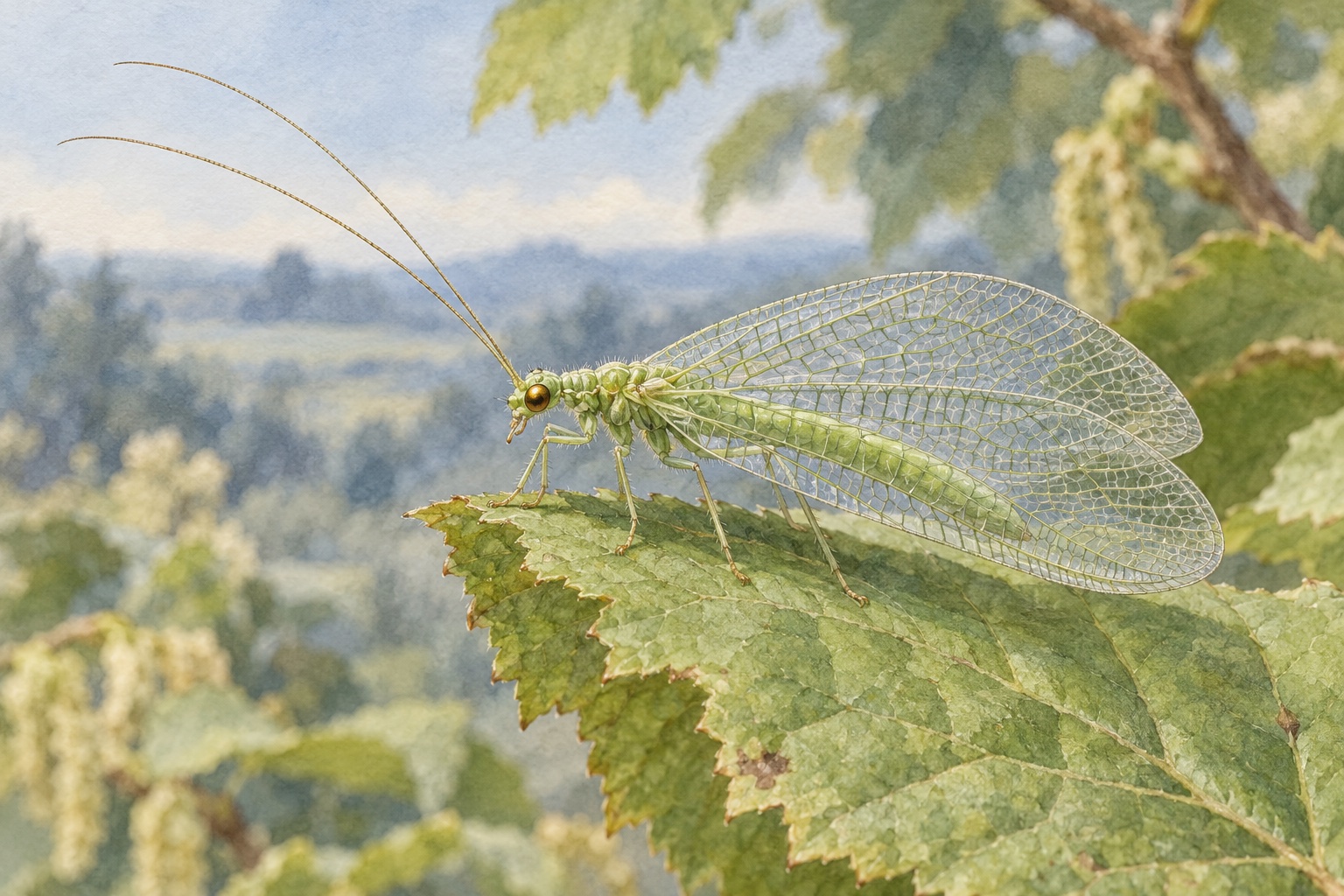 Künstlerische Seitenansicht einer hellgrünen Florfliege mit goldfarbenen Augen und fein netzartig geäderten durchsichtigen Flügeln auf einem Blatt