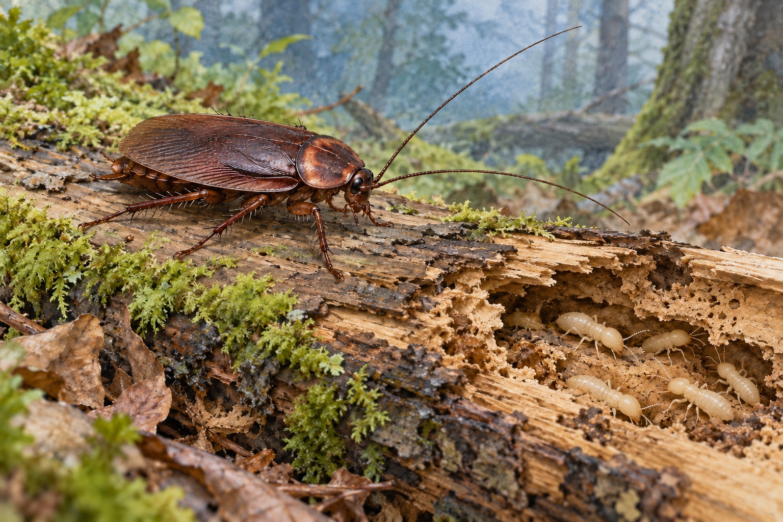 Künstlerische Zusammenschau einer braunen Schabe auf Totholz und kleiner heller Termiten in einer benachbarten Holzgalerie