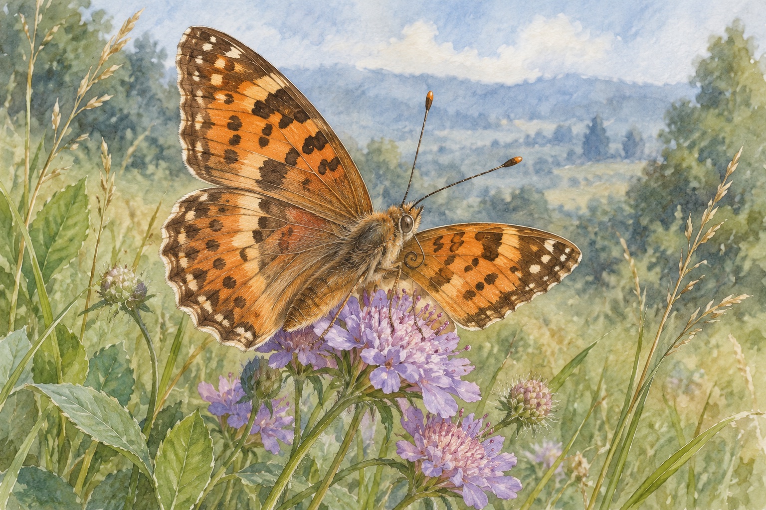 Künstlerische Darstellung eines orangebraunen Falters mit teilweise geöffneten Flügeln auf violetten Blüten an einem Wiesenrand
