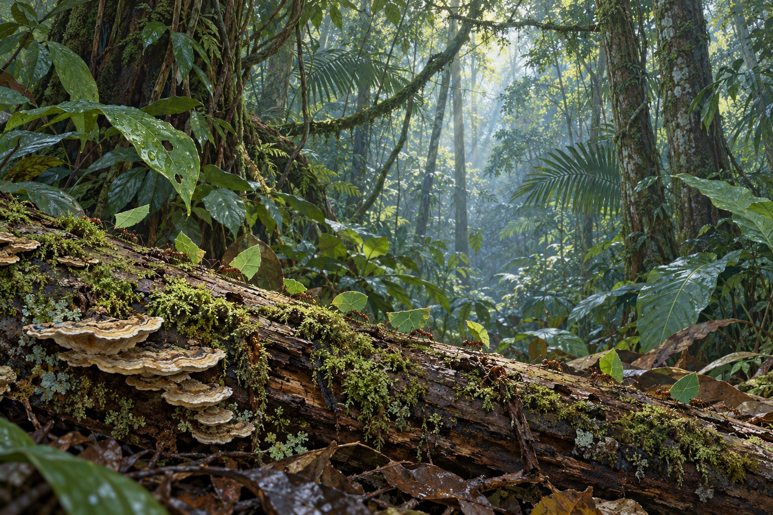Künstlerischer feuchter Tropenwald mit mehreren Vegetationsschichten, einem pilzbewachsenen Stamm und blättertragenden Ameisen