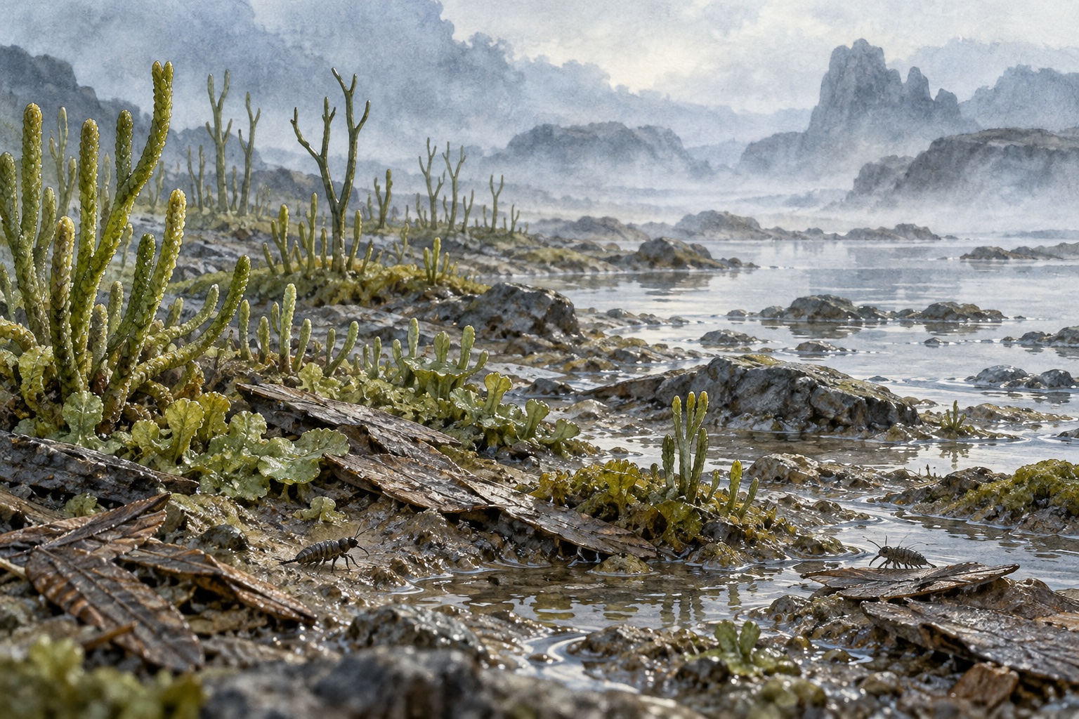 Künstlerische Darstellung einer frühen Landlandschaft mit niedrigen Pflanzen, feuchtem Boden und flachem Wasser