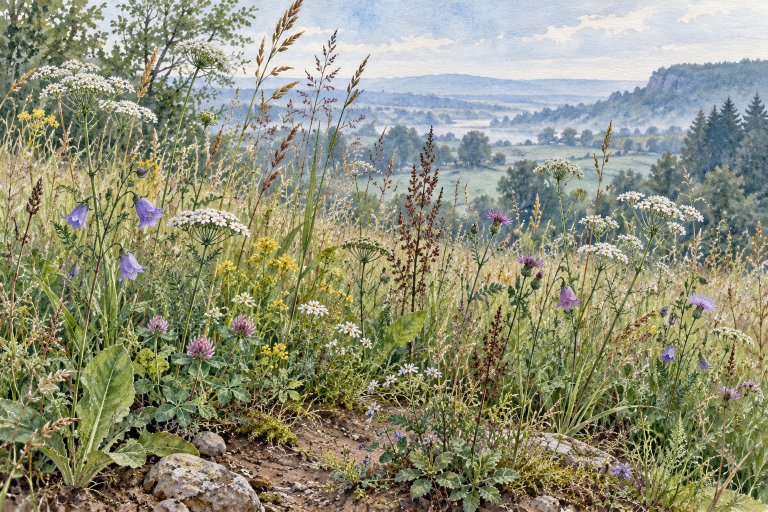 Künstlerische Wiesenlandschaft mit vielfältigen Gräsern und Blüten
