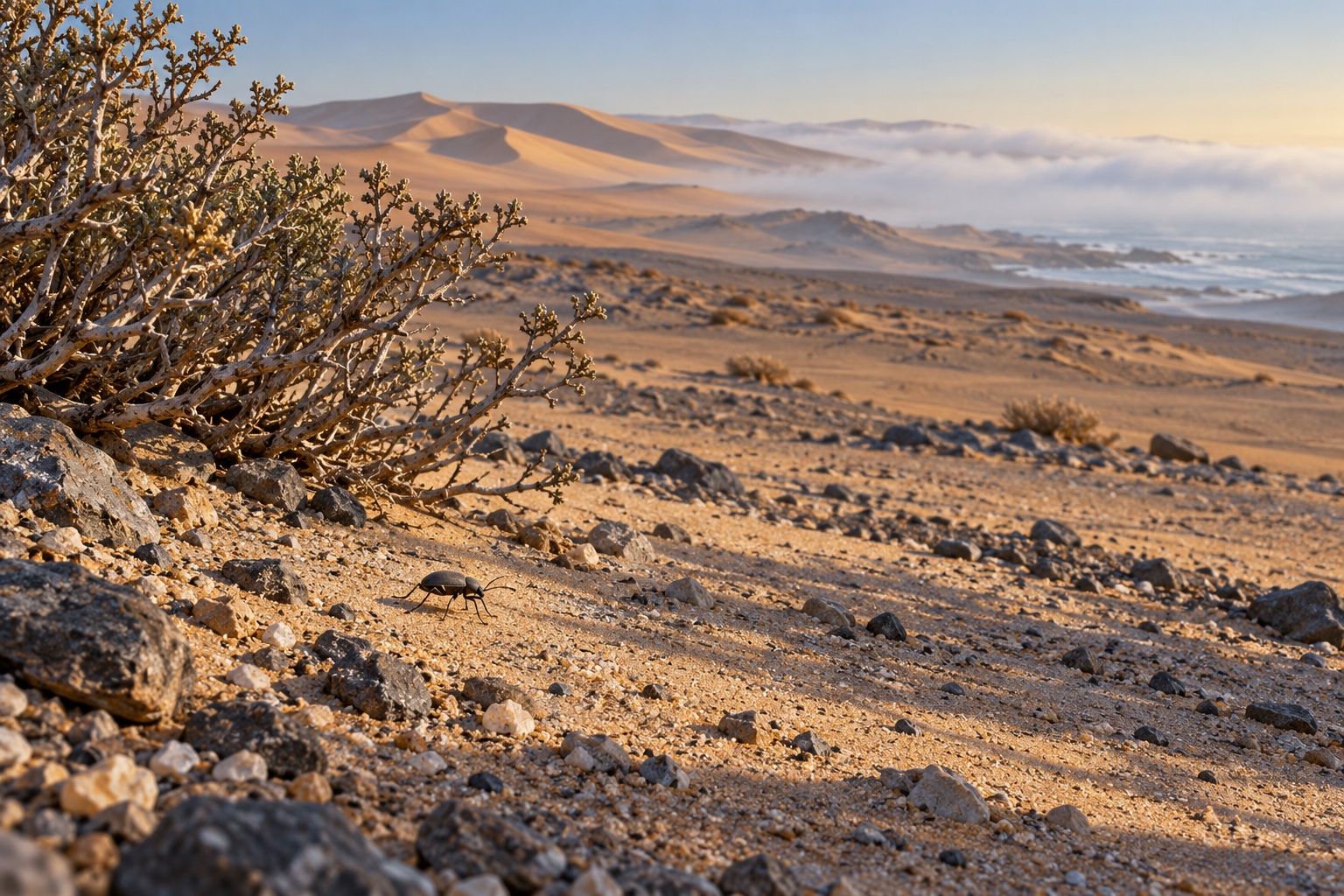 Künstlerische Namib-Landschaft mit Sand, Kies, einem trockenen Strauch, fernem Küstennebel und einem kleinen dunklen Käfer