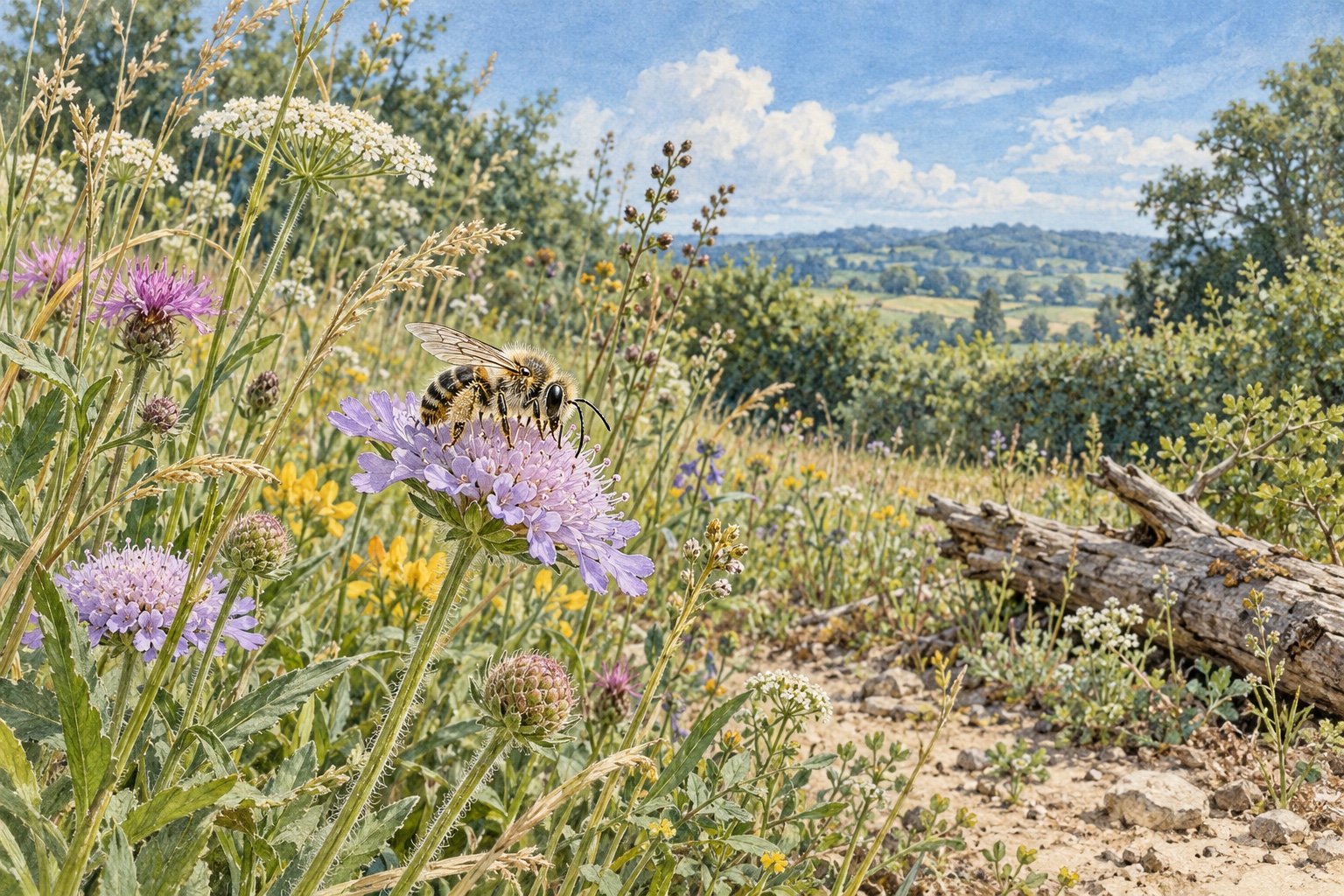 Künstlerische Darstellung einer Wildbiene auf einer violetten Blüte an einem vielfältigen Wiesenrand mit offenen Bodenstellen und Totholz