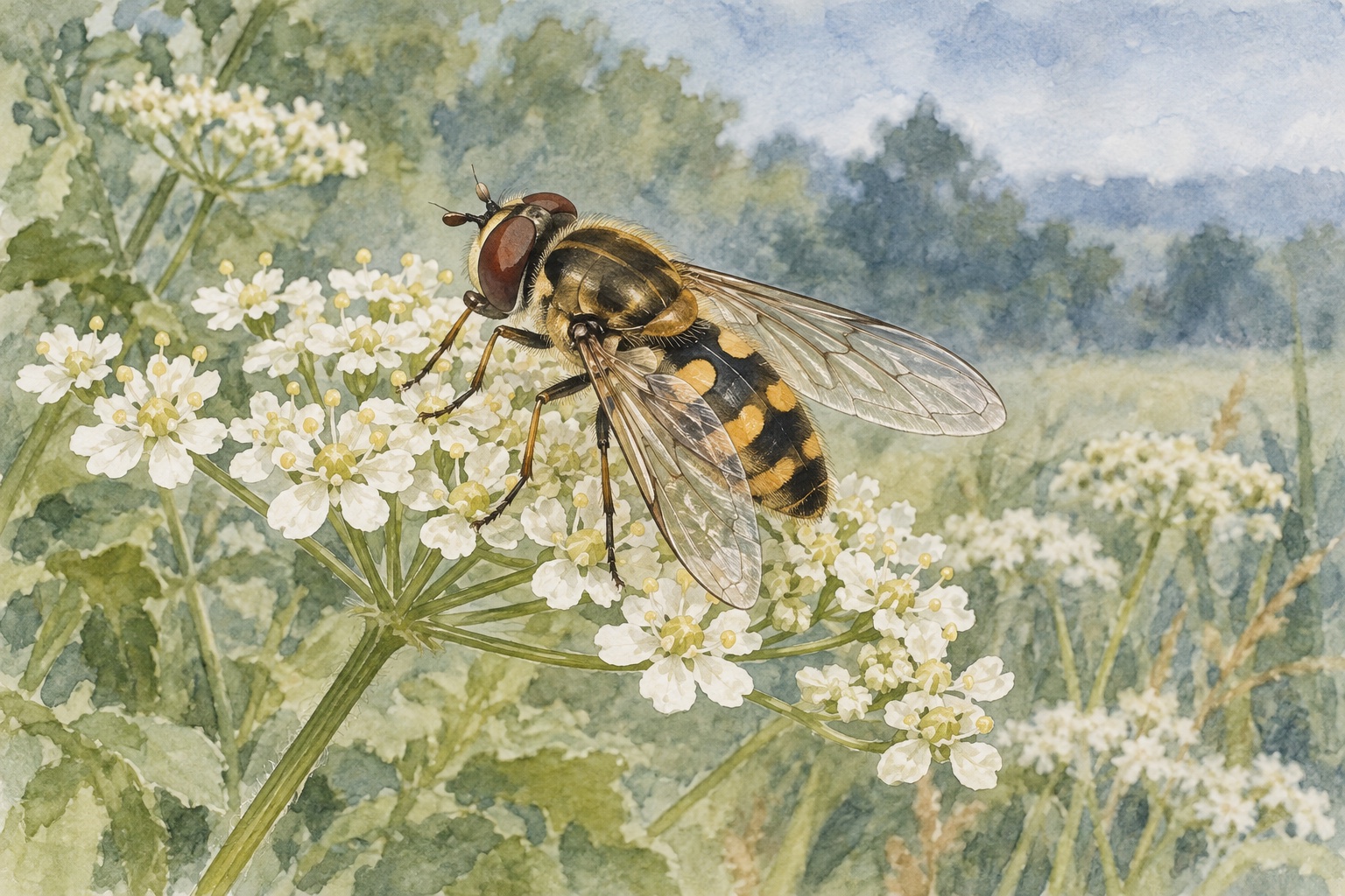 Künstlerische Darstellung einer gelbschwarzen schwebfliegenähnlichen Fliege mit einem Flügelpaar auf weißen Blüten